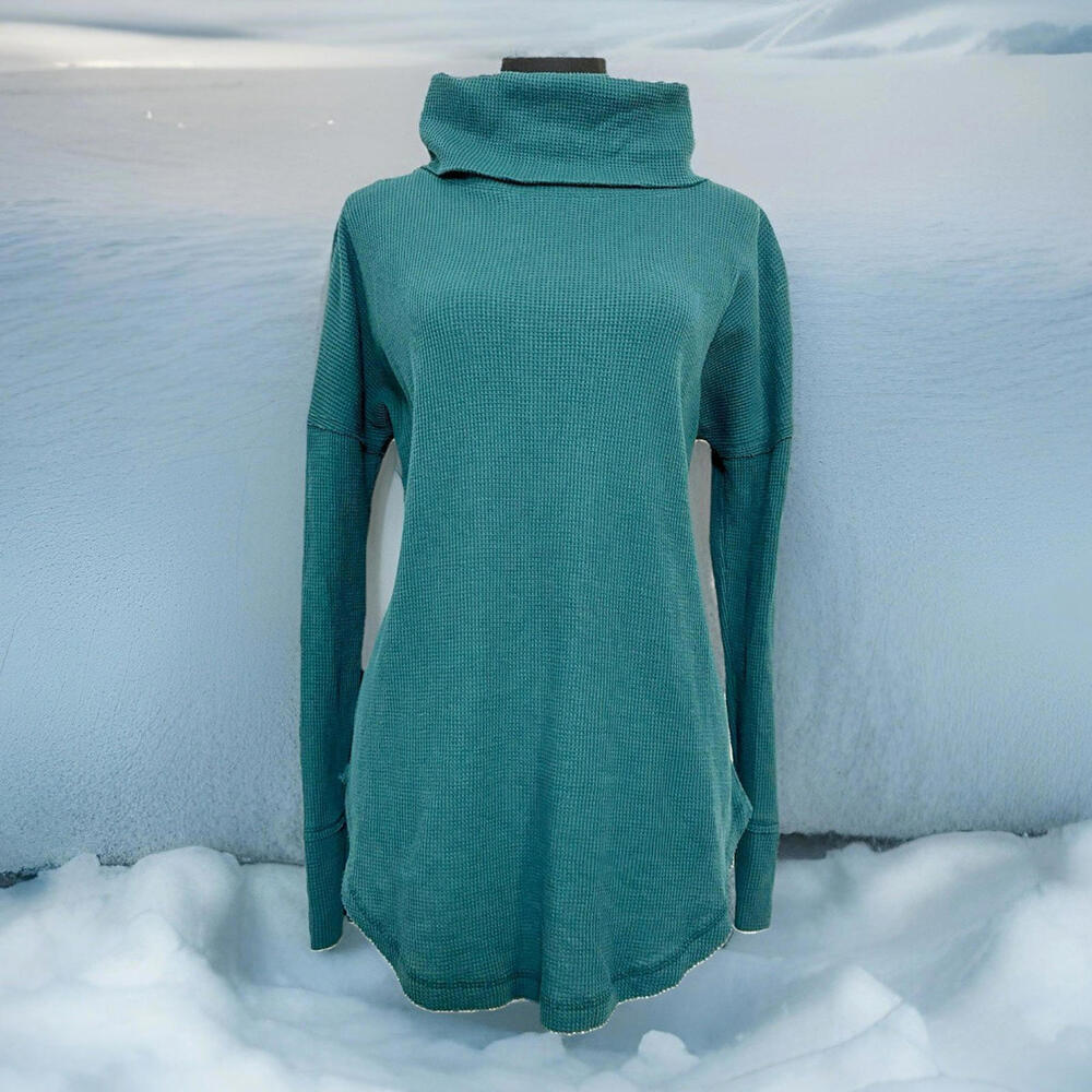 Maeve By Anthropologie Thermal Cowl Neck Tunic Top Teal Waffle Knit Long Sleeve